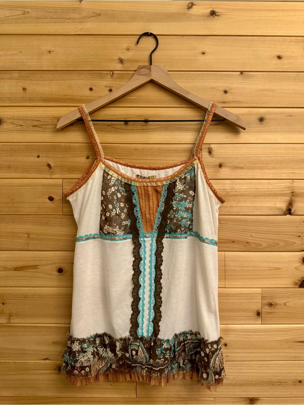 Y2K Medium Bohemian Patchwork Paisley Lace Tank Western Ruffle Festival Indie